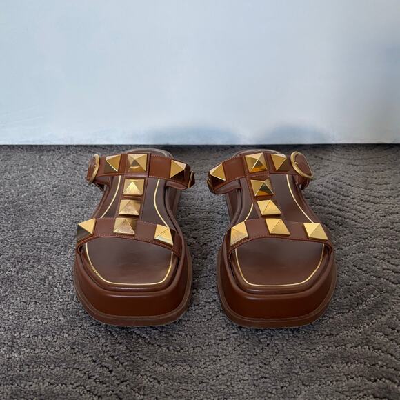 Valentino Garavani Roman Stud Leather Slide Sandals Tan Brown Flat Mule Size 36 - Picture 3 of 14